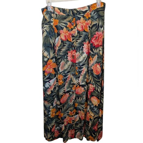 Conrad C. Vintage Skirt Floral Rayon Button Front Crinkle Midi Vacation Size 14 - Picture 1 of 10